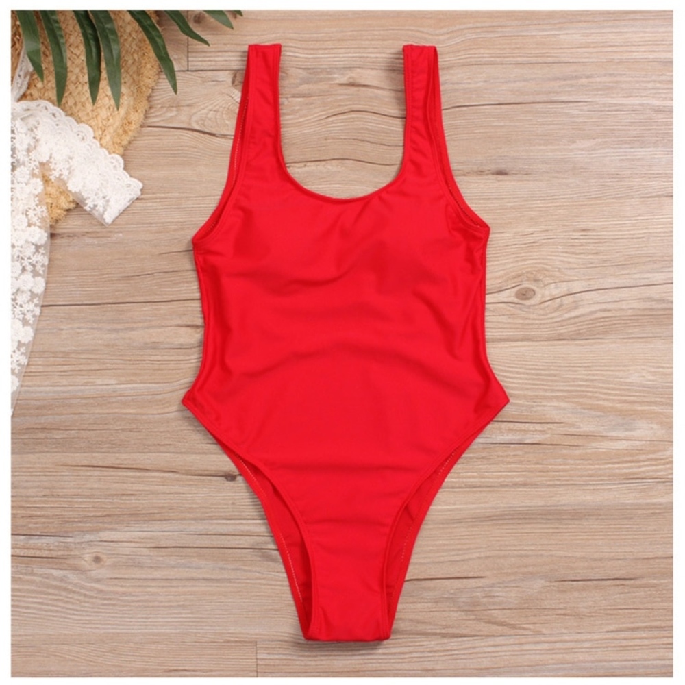 High Leg Bright Red Swimsuit Monokini One Piece - Picture 6 of 8